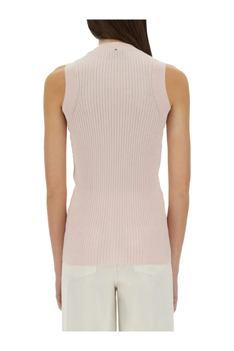Sportmax women’s top tione blue soft pink ribbed knit sleeveless top with high neckline