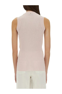 Sportmax women’s top tione blue soft pink ribbed knit sleeveless top with high neckline