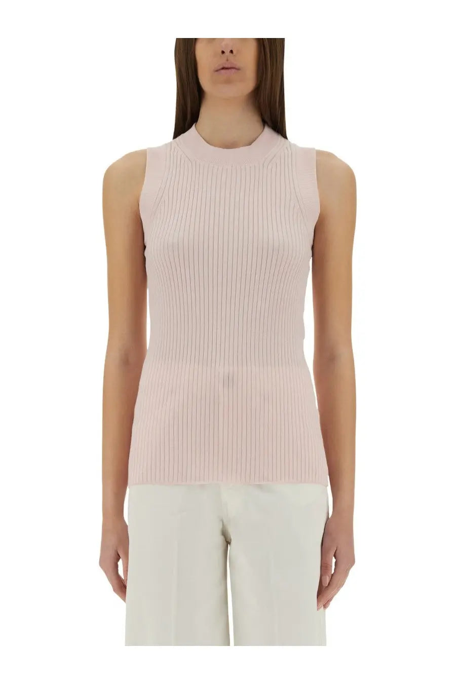 Sportmax women’s soft pink ribbed knit sleeveless top with high neckline in breathable fabric for casual wear