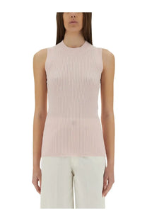 Sportmax women’s soft pink ribbed knit sleeveless top with high neckline in breathable fabric for casual wear