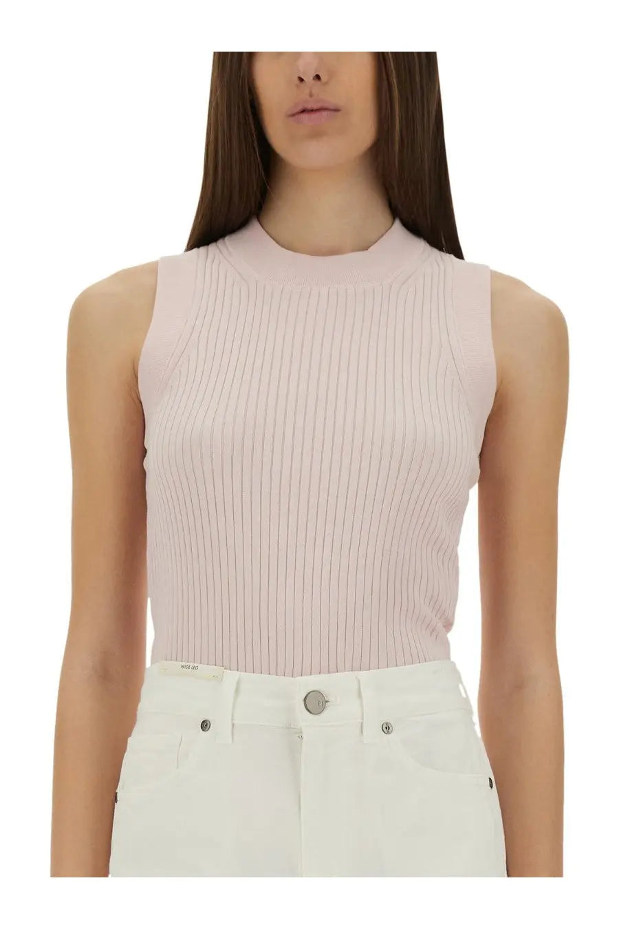 Sportmax womens soft pink ribbed knit sleeveless top with high neckline designed for stylish comfort