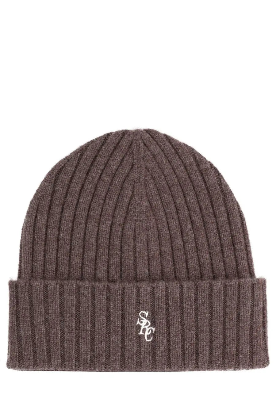 Sporty &amp; rich unisex cap brown ribbed charcoal gray knit beanie with folded cuff and white embroidered logo on front