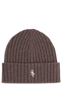 Sporty &amp; rich unisex cap brown ribbed charcoal gray knit beanie with folded cuff and white embroidered logo on front