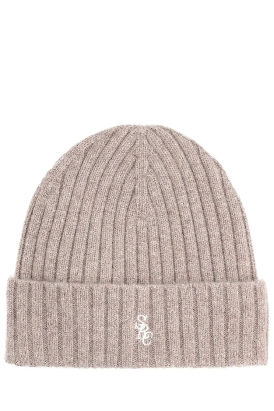 Sporty &amp; rich unisex cap brown ribbed light beige knit beanie with folded cuff and small white embroidered logo on front