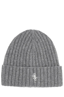Gray ribbed knit beanie with folded cuff and white embroidered logo from Sporty &amp; Rich unisex cap collection