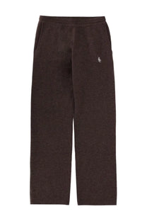 Sporty &amp; rich unisex cashmere pants in dark brown with soft fleece and small embroidered logo on upper left leg