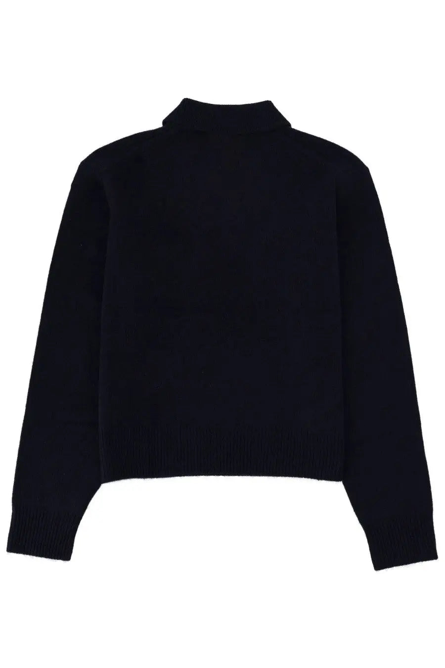 Black cropped turtleneck sweater with ribbed cuffs and hem paired with sporty and rich unisex blue cashmere polo shirt
