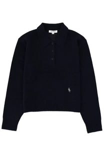 Black knit polo sweater with subtle embroidered logo on left chest from sporty and rich unisex cashmere polo shirt blue collection