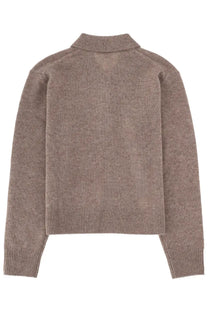 Sporty &amp; rich unisex cashmere polo shirt in brown with a soft heathered taupe knit and ribbed collar and cuffs