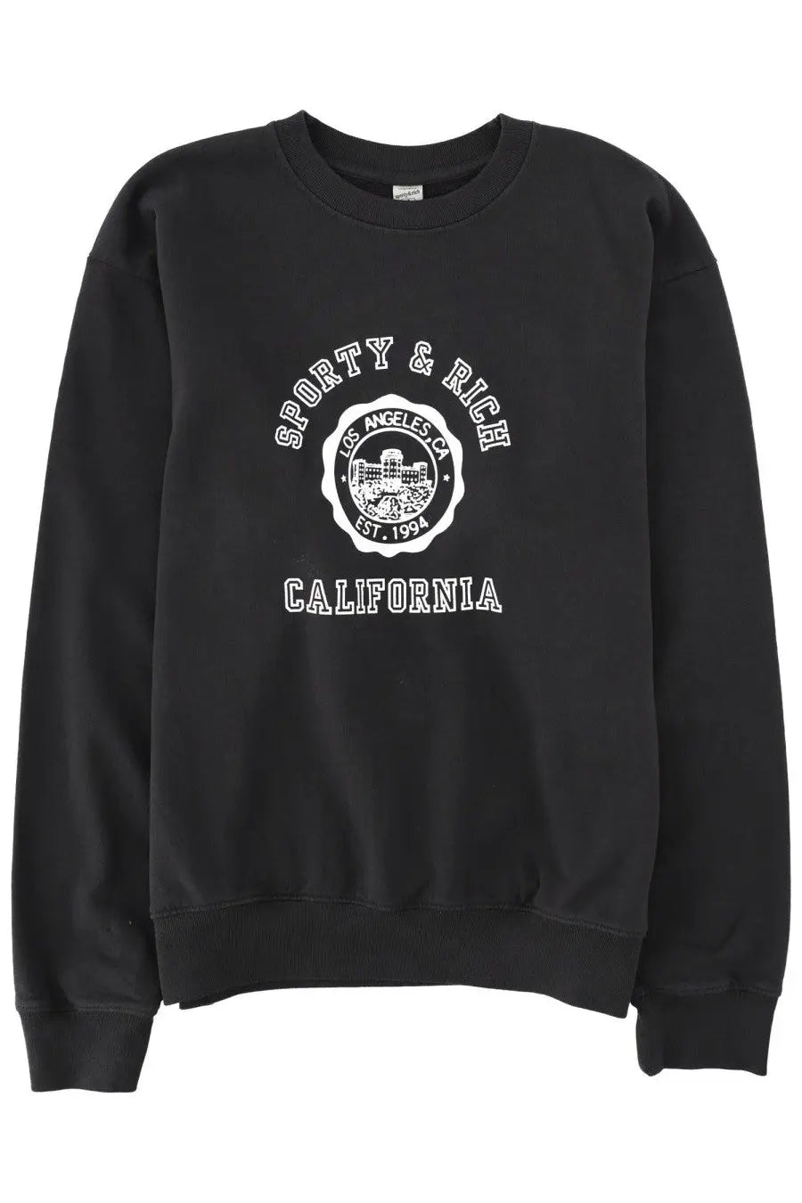 Black cotton crewneck sweatshirt with white sporty &amp; rich graphic and los angeles seal design on front