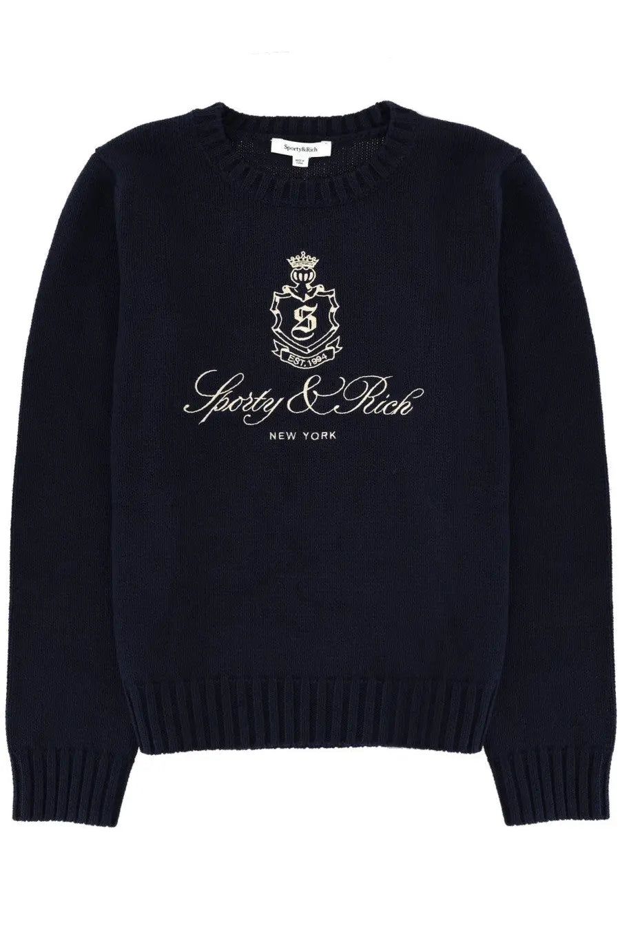 Navy blue ribbed knit sweater with white embroidered crest logo and sporty &amp; rich new york text in unisex jersey blue style