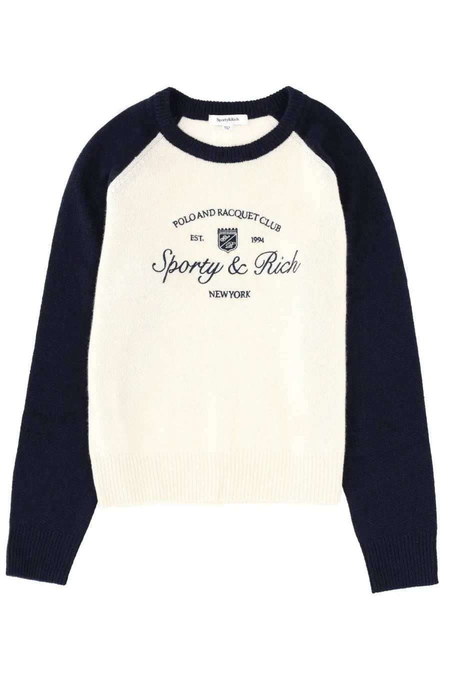 Cream-colored and navy blue raglan-sleeved knit sweater with sporty and rich logo embroidered on chest