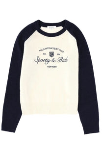 Cream-colored and navy blue raglan-sleeved knit sweater with sporty and rich logo embroidered on chest
