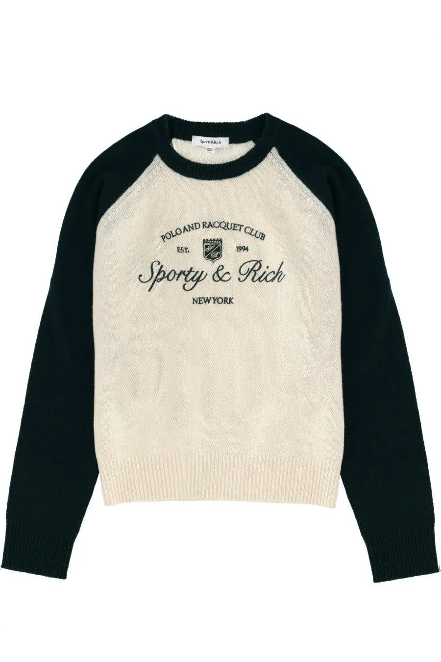 Sporty &amp; Rich unisex jersey cream raglan sweater with black sleeves and embroidered polo &amp; racquet club logo