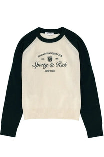 Sporty &amp; Rich unisex jersey cream raglan sweater with black sleeves and embroidered polo &amp; racquet club logo