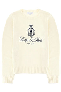 Cream-colored knitted sweater with black embroidered crest and sporty and rich New York logo unisex jersey white