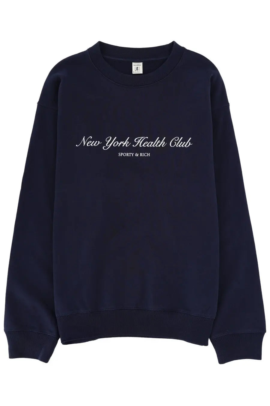 Navy blue unisex crewneck sweatshirt with white cursive new york health club and smaller sporty &amp; rich text
