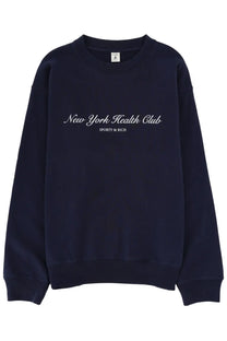 Navy blue unisex crewneck sweatshirt with white cursive new york health club and smaller sporty &amp; rich text