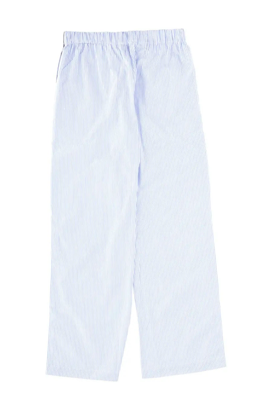 Sporty &amp; Rich unisex cotton pajama pants in light blue and white vertical stripes with elastic waistband
