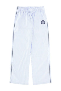 Sporty &amp; rich unisex pajama pants in white and navy blue stripes with elastic waistband and embroidered crest