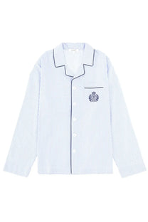 Sporty &amp; rich unisex pajama shirt blue with light blue and white stripes navy trim button front and embroidered crest