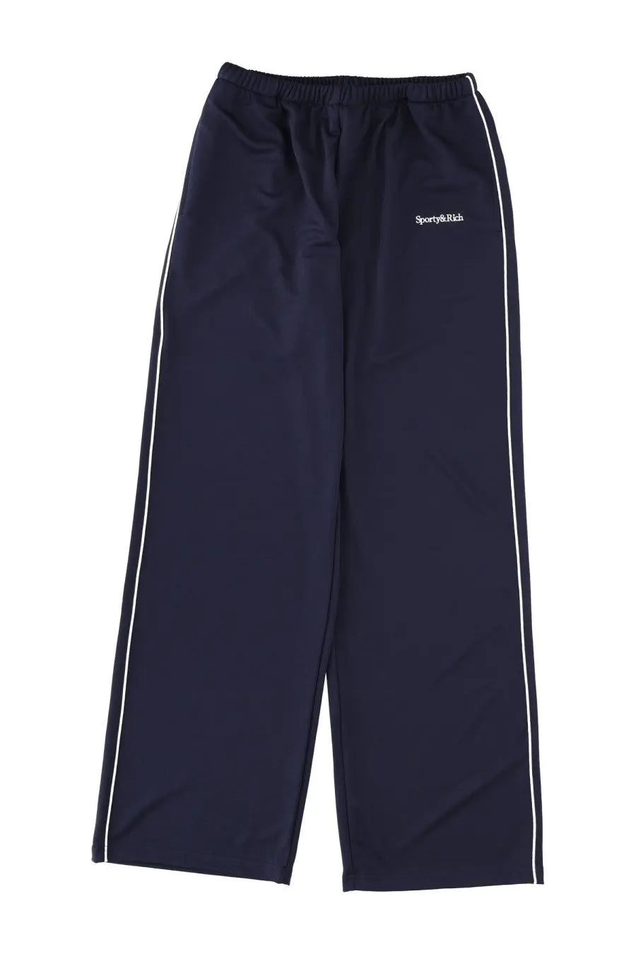 Navy blue Sporty and Rich unisex athletic pants with white side stripes and small embroidered thigh logo