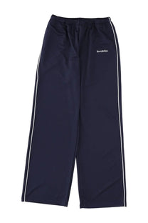Navy blue Sporty and Rich unisex athletic pants with white side stripes and small embroidered thigh logo
