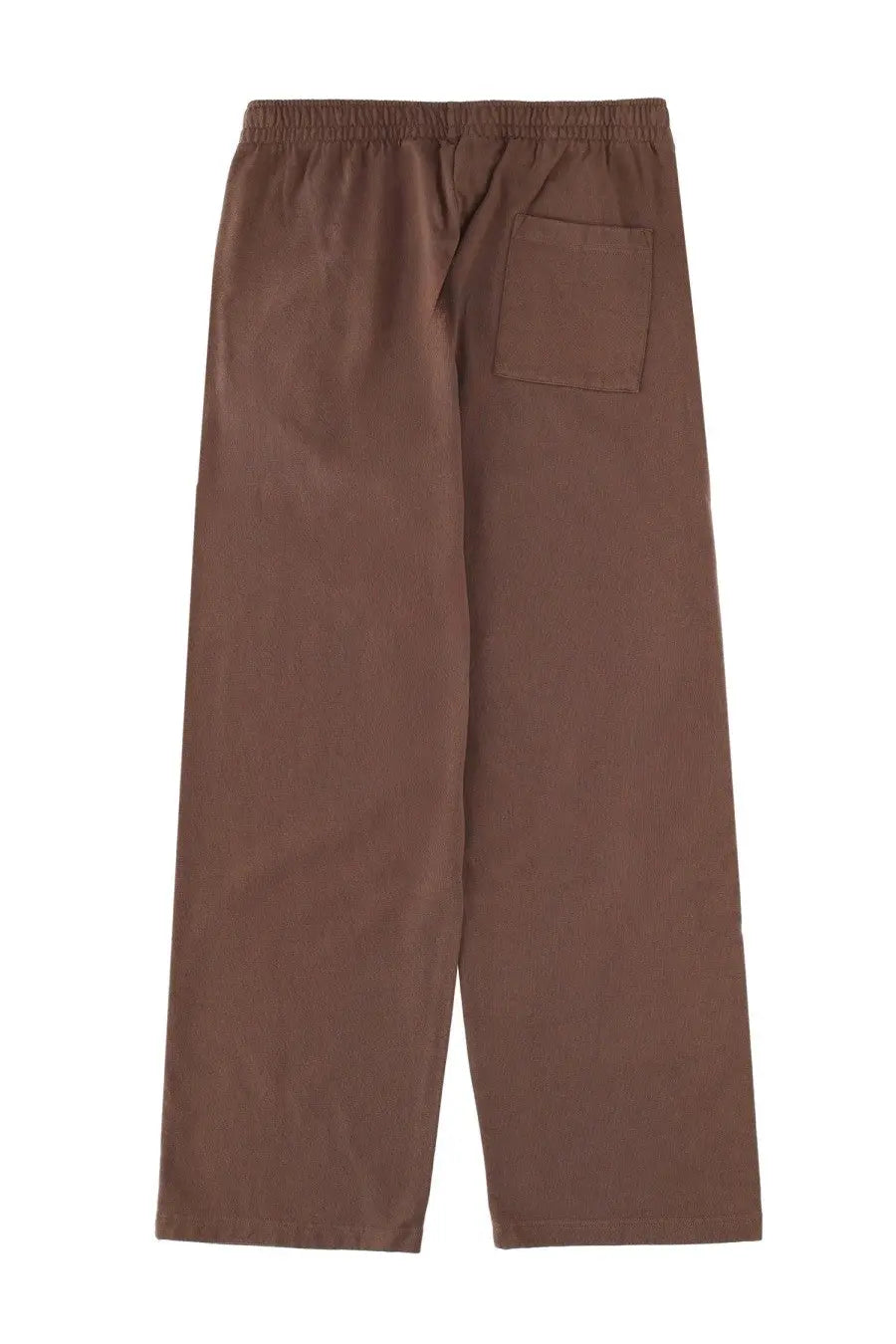 Brown sporty &amp; rich unisex loose-fitting pants with elastic waistband and single back pocket shown from the back side