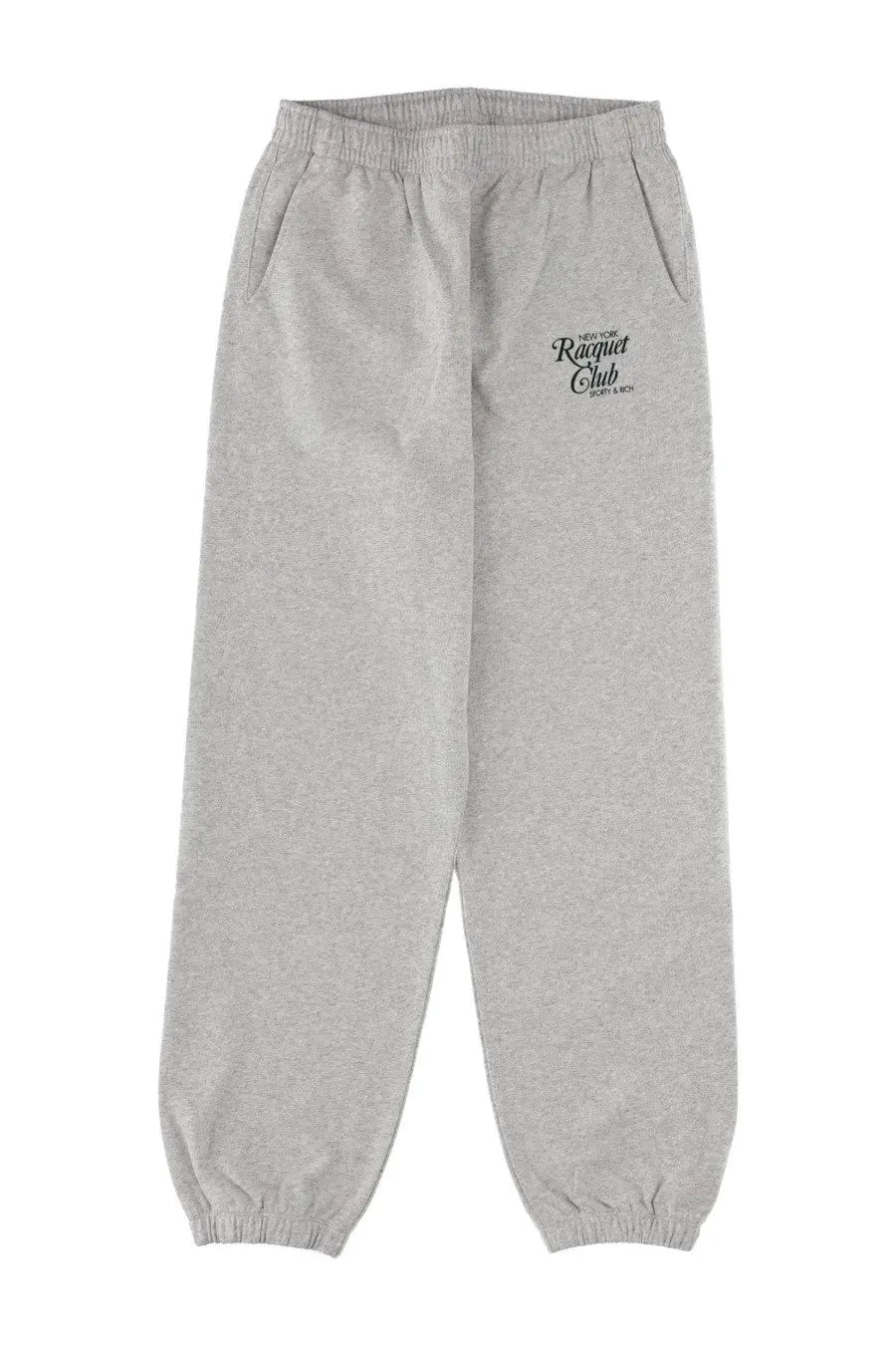 Sporty &amp; rich unisex gray heathered sweatpants with elastic waistband and cuffs featuring nyrc logo on left thigh