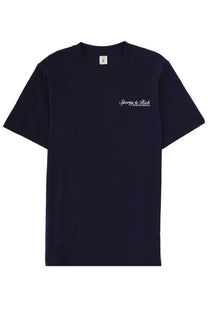 Navy blue unisex short-sleeved t-shirt with white embroidered sporty and rich logo on left chest in Syracuse blue