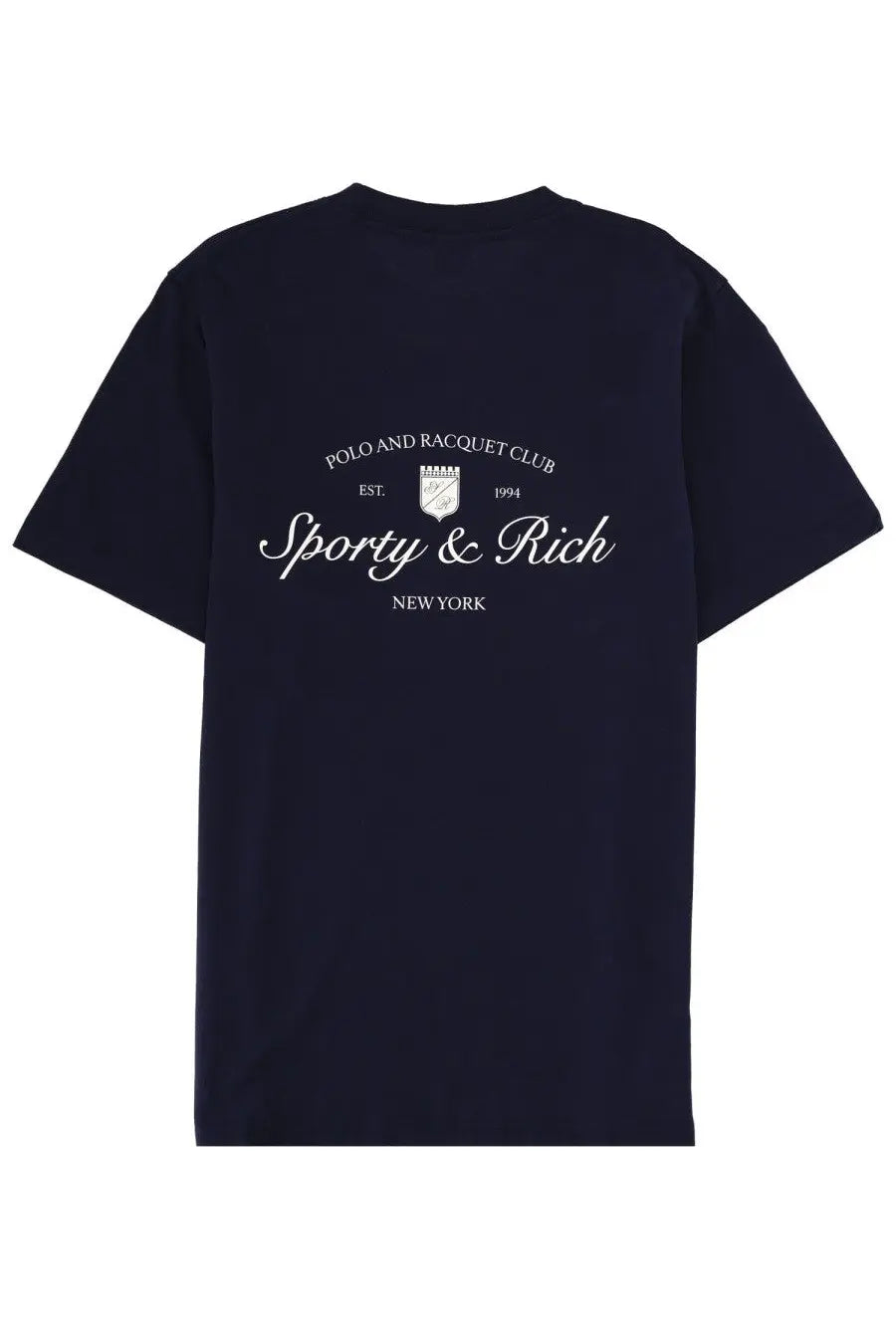 Navy blue short-sleeved cotton sporty and rich unisex t-shirt with white logo and crest design in Syracuse blue color