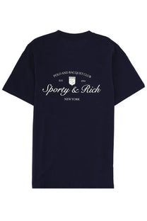 Navy blue short-sleeved cotton sporty and rich unisex t-shirt with white logo and crest design in Syracuse blue color