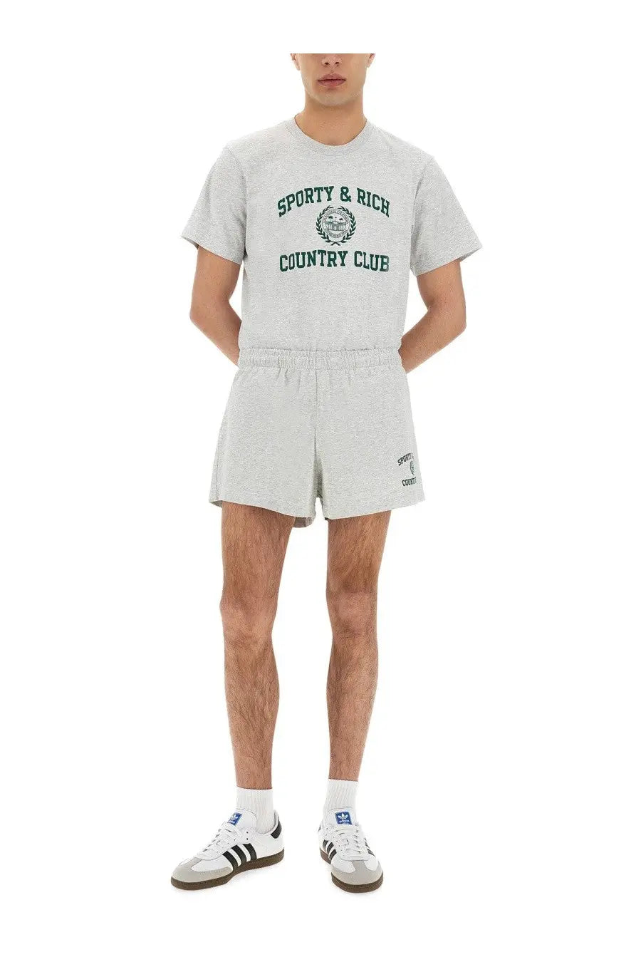 Sporty &amp; rich unisex short varsity grey t-shirt in gray heathered fabric with green lettering and country club emblem