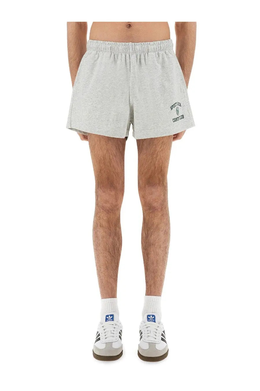 Sporty &amp; rich unisex short varsity grey light gray heathered cotton shorts with a small embroidered logo on left leg