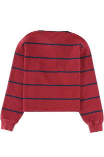 Sporty &amp; rich unisex striped polo shirt in red long-sleeved crop top with navy blue horizontal stripes