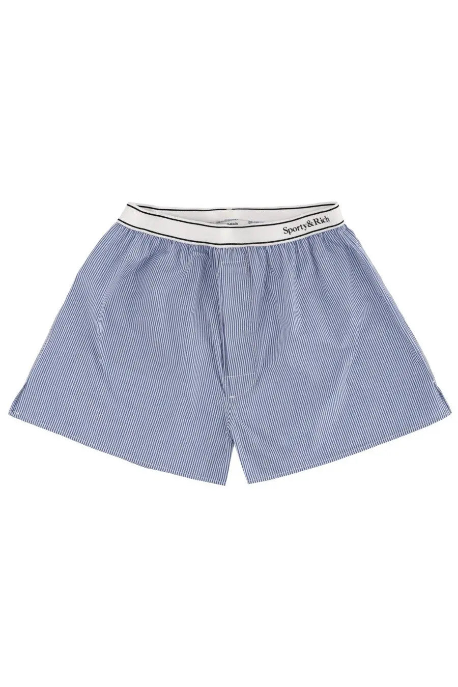 Sporty &amp; rich unisex blue and white striped boxer shorts with white elastic waistband featuring sporty&amp;kicks branding