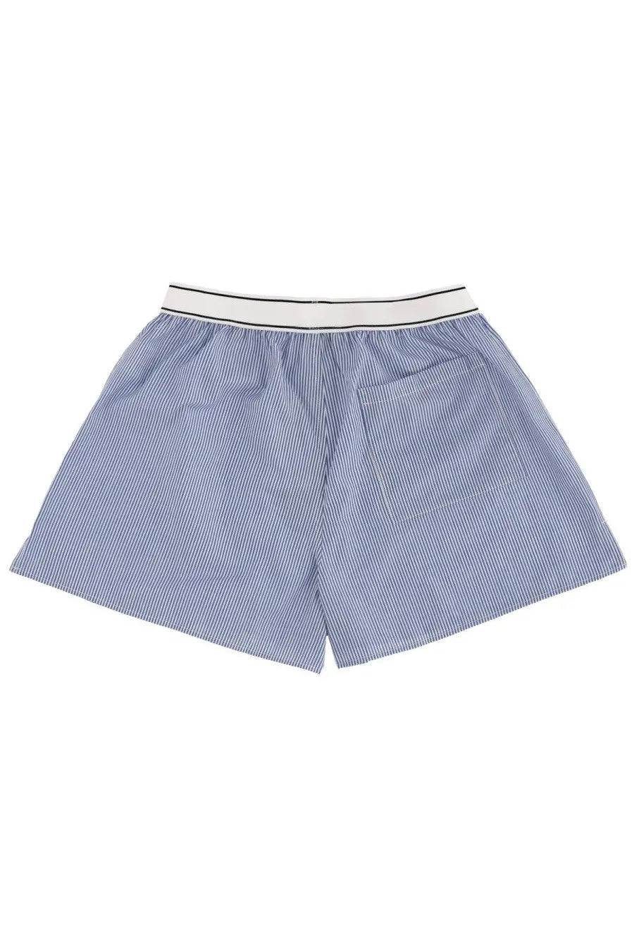 Sporty &amp; Rich unisex striped shorts in blue with white stripes and a white elastic waistband for casual wear