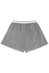Gray and white vertically striped boxer shorts with a clean minimalist design from sporty and rich unisex striped shorts green