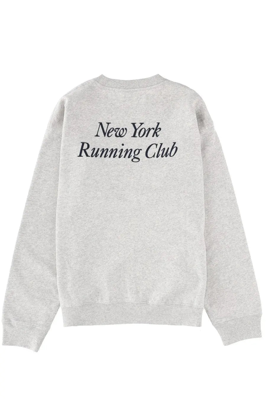 Back view of sporty &amp; rich unisex grey heathered sweatshirt with new york running club printed in black cursive font