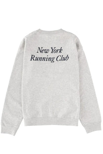 Back view of sporty &amp; rich unisex grey heathered sweatshirt with new york running club printed in black cursive font