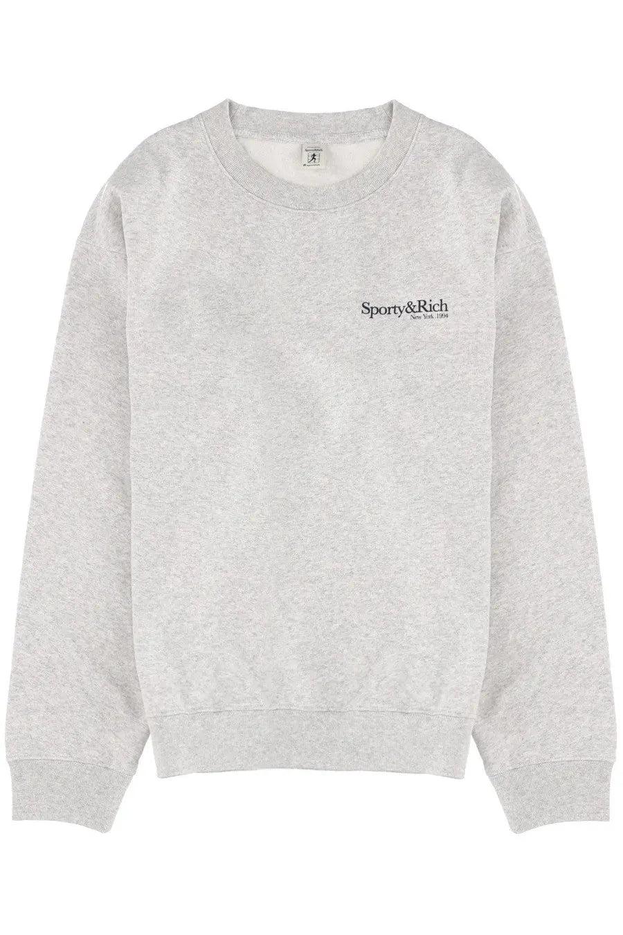 A heather gray unisex crewneck sweatshirt with a black sporty and rich new york 1984 embroidered logo on the chest