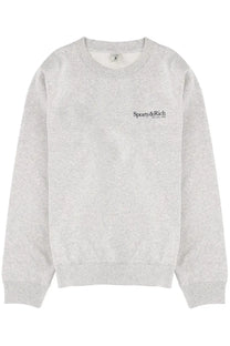 A heather gray unisex crewneck sweatshirt with a black sporty and rich new york 1984 embroidered logo on the chest