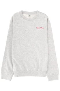 A heather gray crewneck sweatshirt with a small pink sporty and rich logo embroidered on the left chest