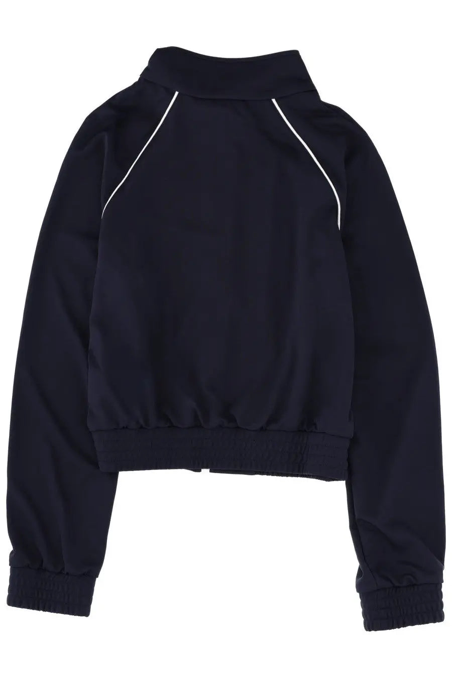 Navy blue sporty &amp; rich unisex cropped track jacket with white piping along shoulders and seams for casual wear