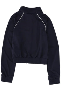 Navy blue sporty &amp; rich unisex cropped track jacket with white piping along shoulders and seams for casual wear
