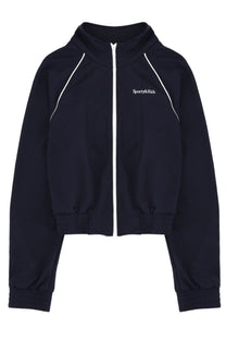 Navy blue cropped zip-up hoodie with white piping and sporty &amp; rich logo on chest multicolor sweatshirt