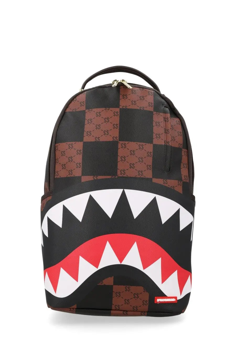 Sprayground unisex enlarged checks paris backpack multicolor with black and brown checkered pattern and red white shark mouth design