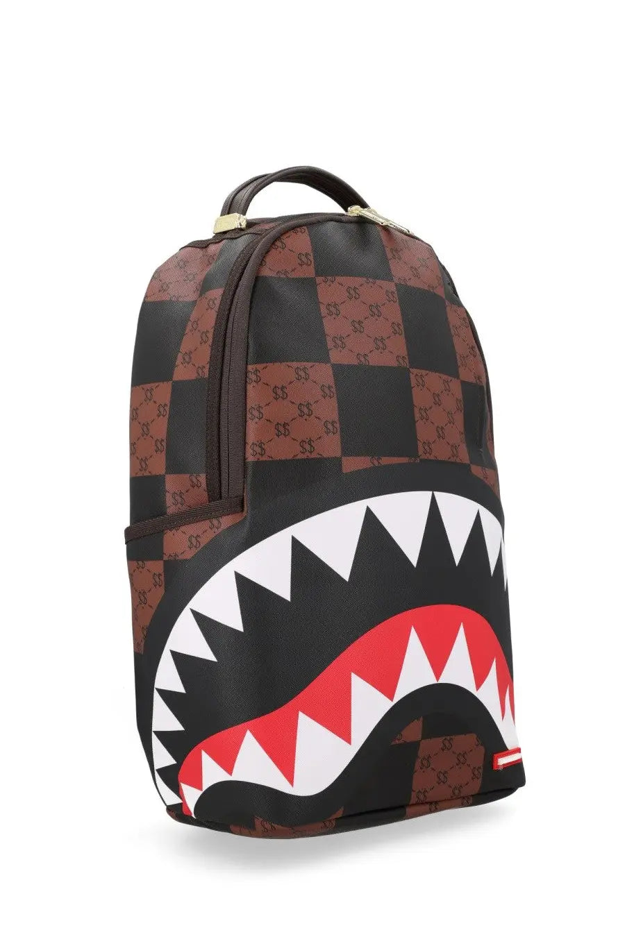Sprayground unisex enlarged checks paris backpack with brown and black checkered pattern and bold red white and black shark mouth graphic