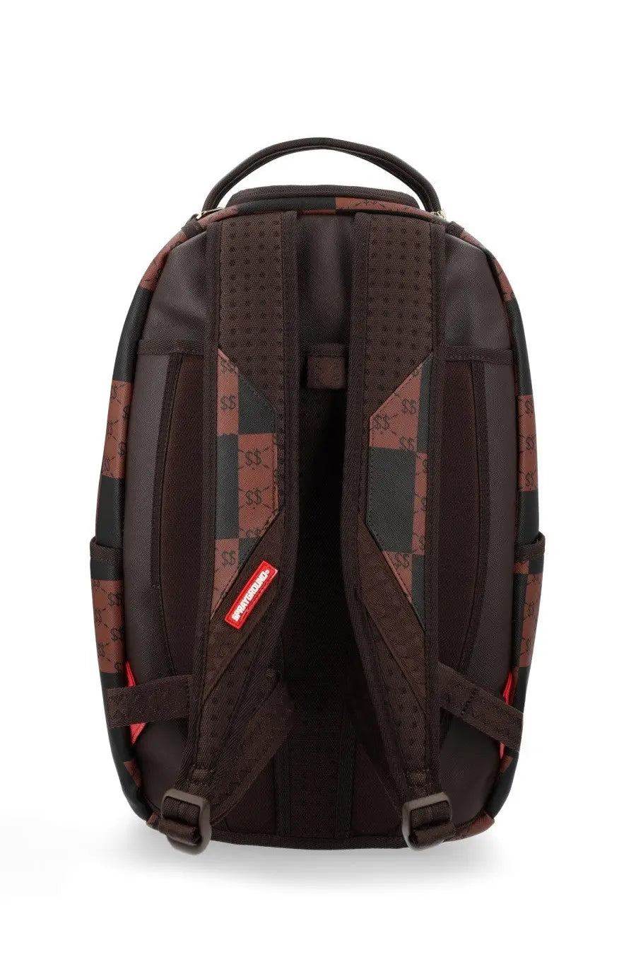 Dark brown sprayground unisex paris backpack with bold red and black checkered dollar sign pattern