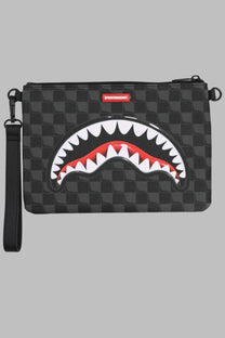 Sprayground unisex pochette con black checkered clutch with bold red white shark mouth design and wrist strap